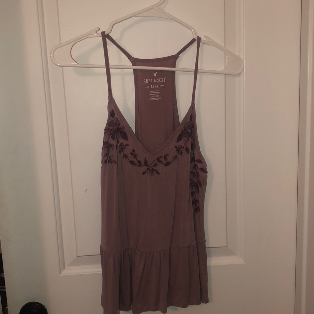 purple racer back with floral stitching